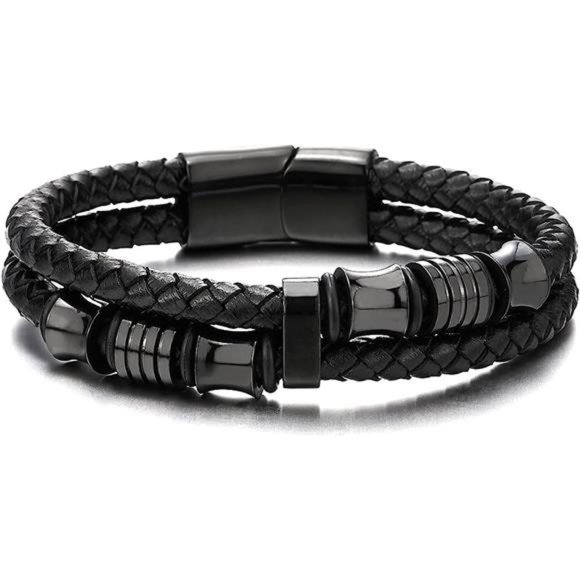 Mens Double-Row Braided Leather Bracelet Bangle Wristband Stainless Steel - Picture 3 of 6